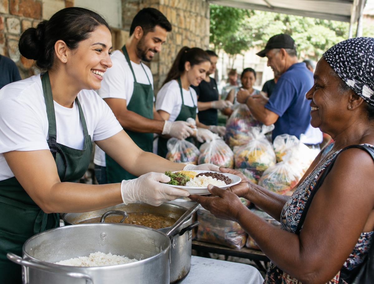 Voluntários servindo refeições em ação social da comunidade